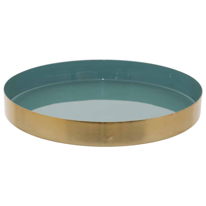 SATIN BRASS GOLD/TEAL TRAY 30CM D