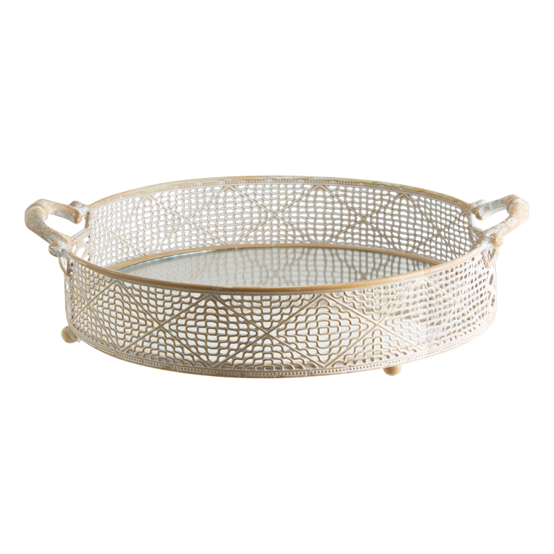 ANTIQ WHITE OVAL HANDL TRAY 42X37