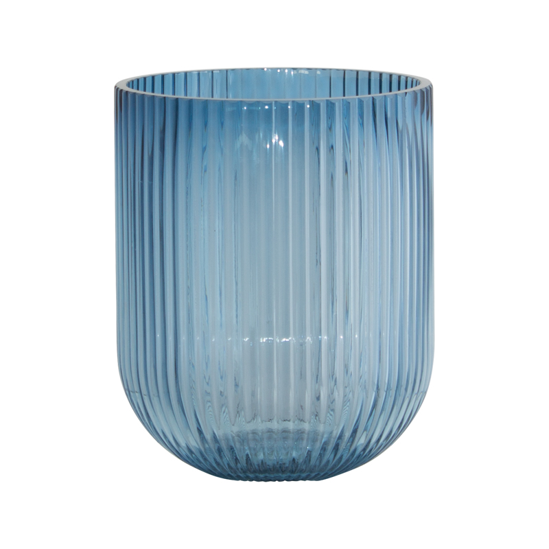 BLUE RIBBED VASE 16CM