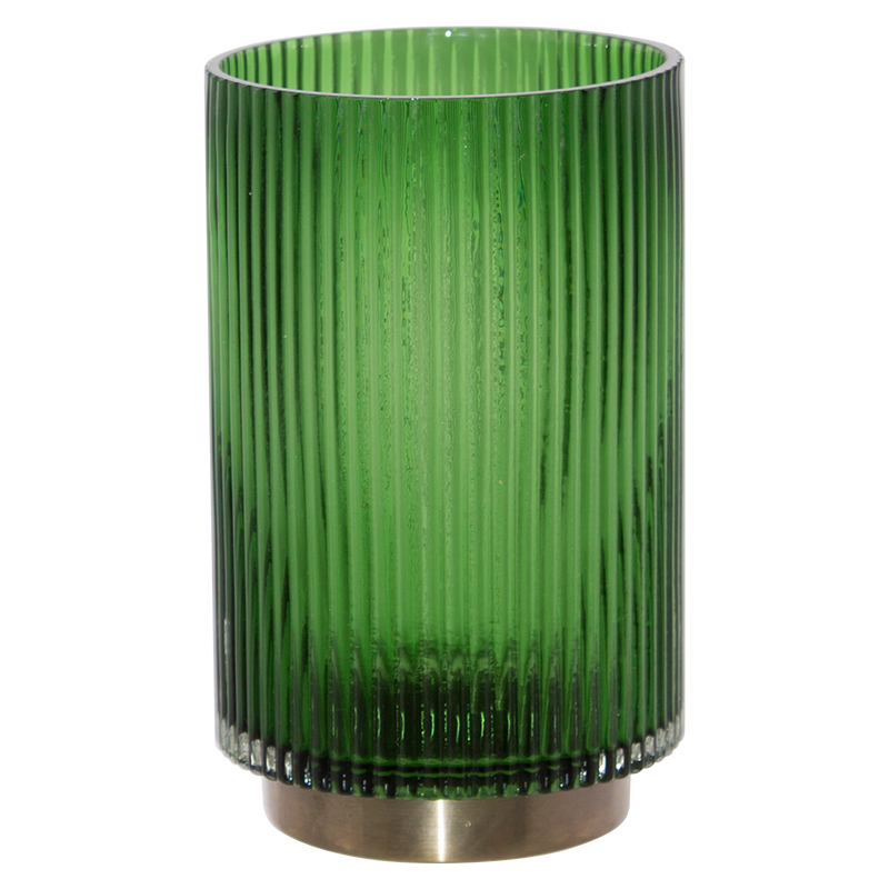 GREEN RIBBED VASE GOLD BASE 19CM