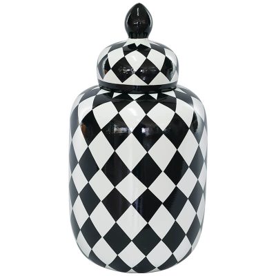 BLACK/WHITE CHECK JAR/LID 34CM