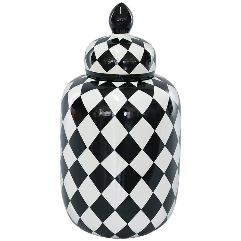 BLACK/WHITE CHECK JAR/LID 34CM