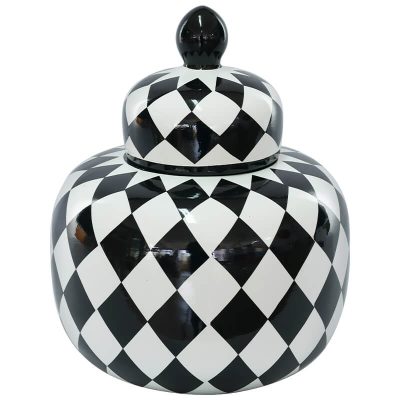 BLACK/WHITE CHECK JAR/LID 26CM