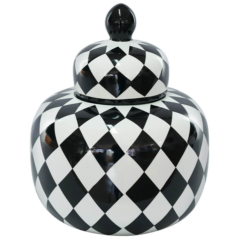 BLACK/WHITE CHECK JAR/LID 26CM