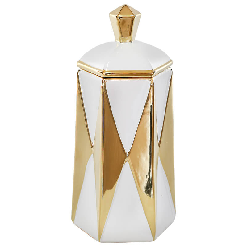 GOLD/WHITE ARROW JAR/LID 32CM