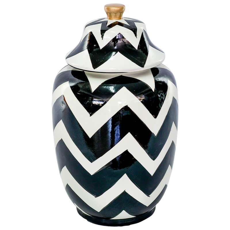 BLACK/WHITE ZIGZAG JAR/LID 32CM