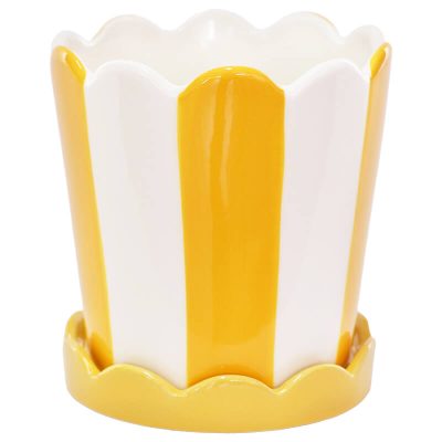 YELLOW/WHITE SCALLOPED POT 14CM